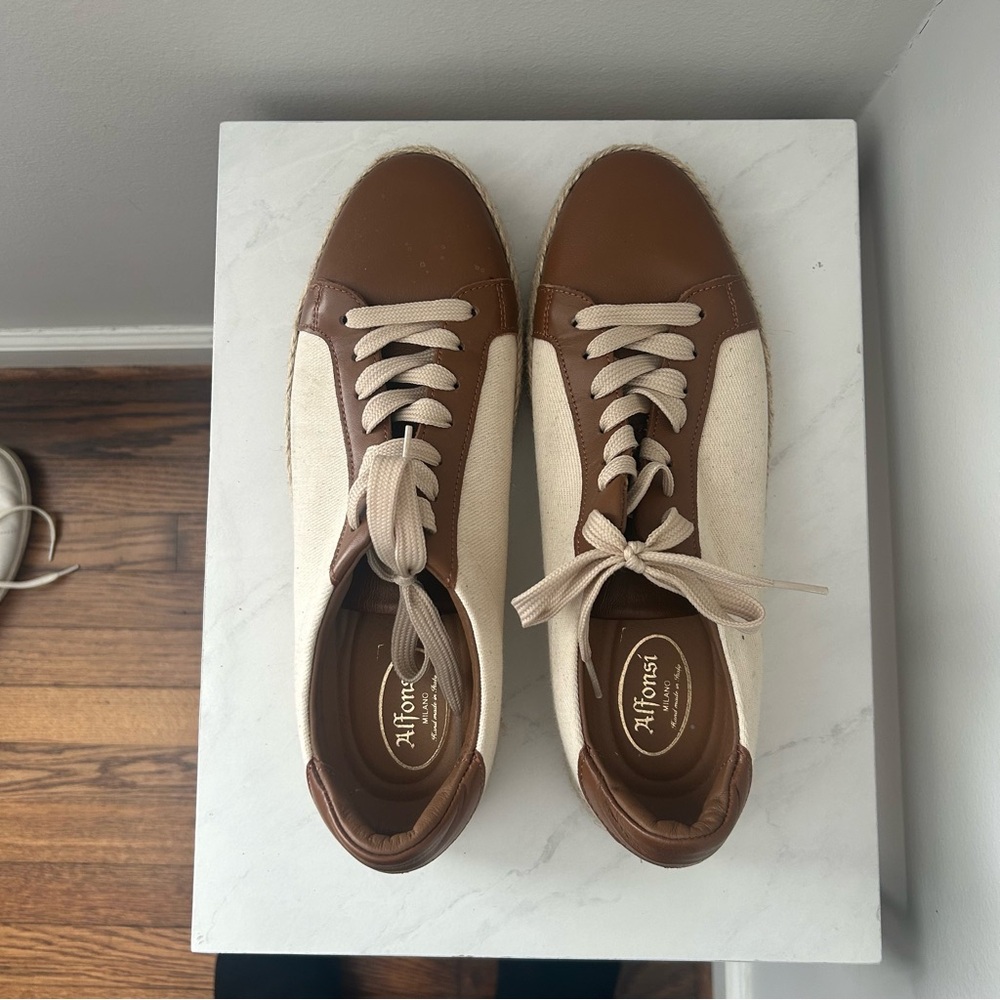 Italian Brown Leather and Cream Canvas Sneakers